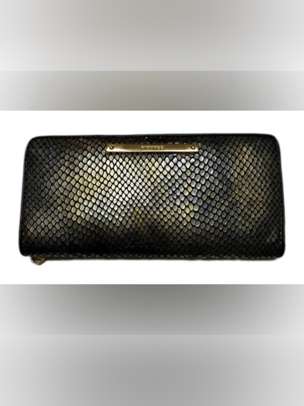Brahmin Black and Gold Snake-Texture Wallet with Brass Plaque